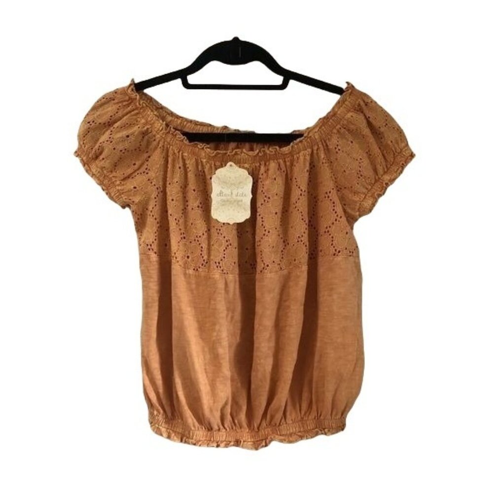 Altard State Womens Peach Orange Eyelet Embroidered Peasant Crop Top Size L